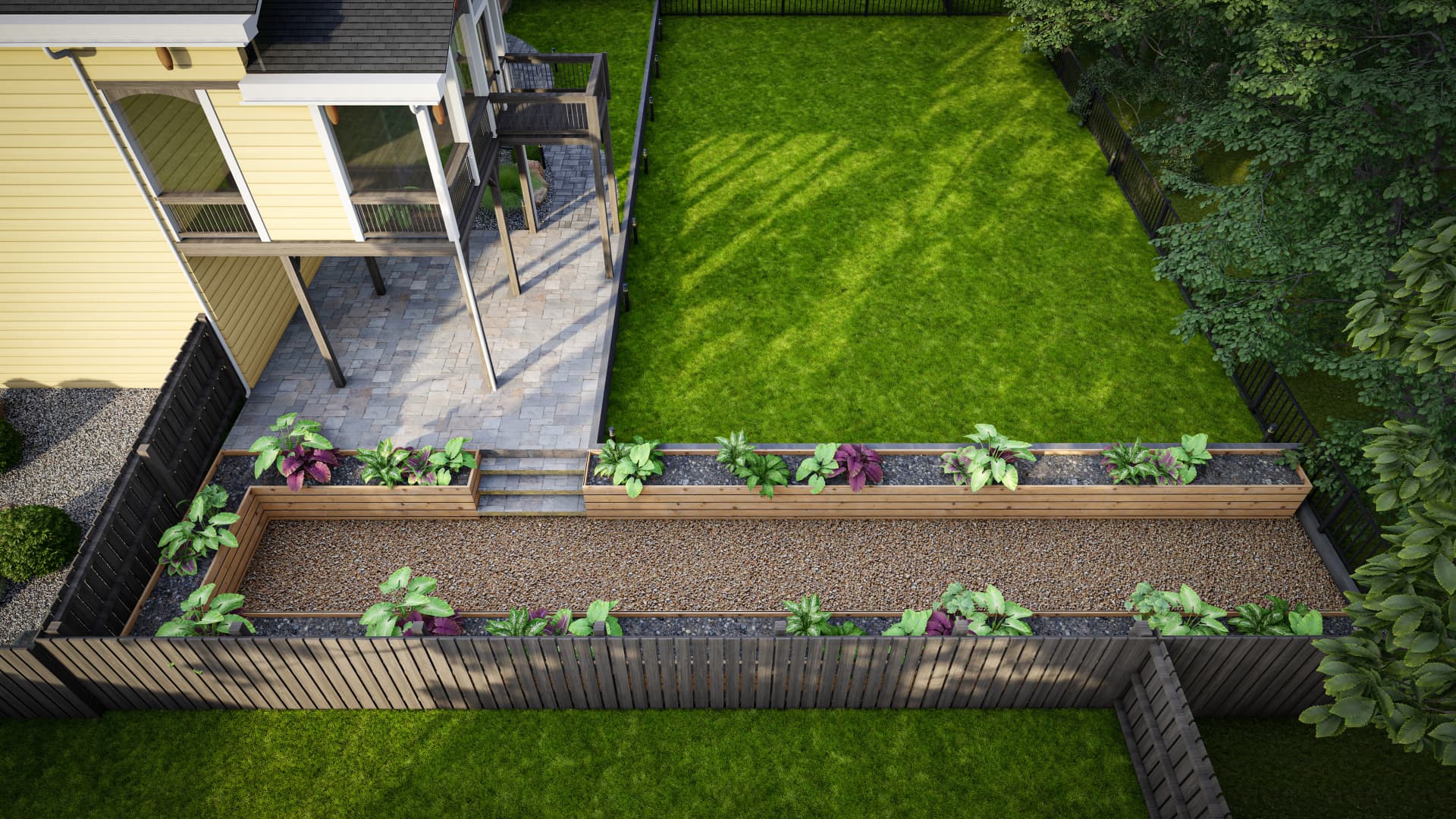 Rendering: 3D rendering of an under-deck paver patio, gravel courtyard with cedar planter walls and a level lawn