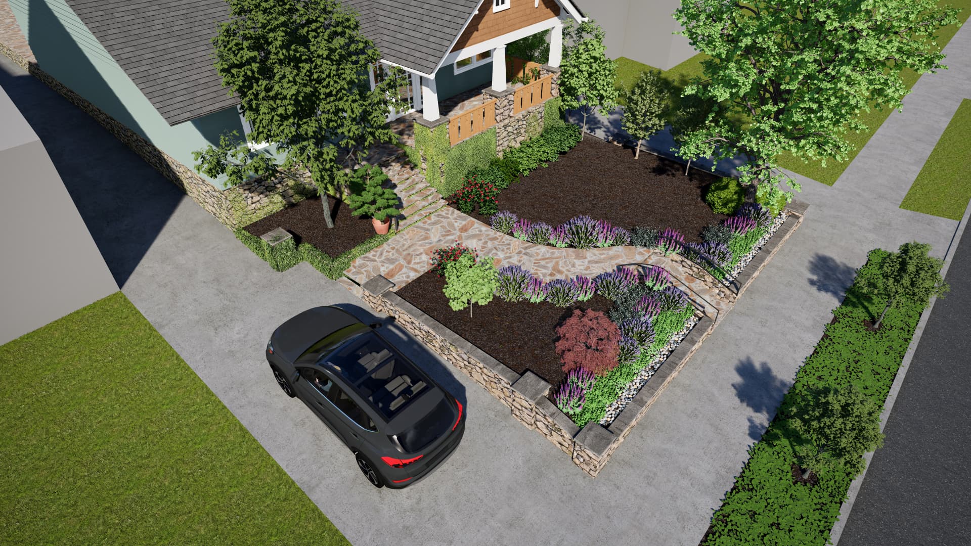 Rendering: craftsman front yard design with stacked stone retaining wall, flagstone walkway and layered planting beds