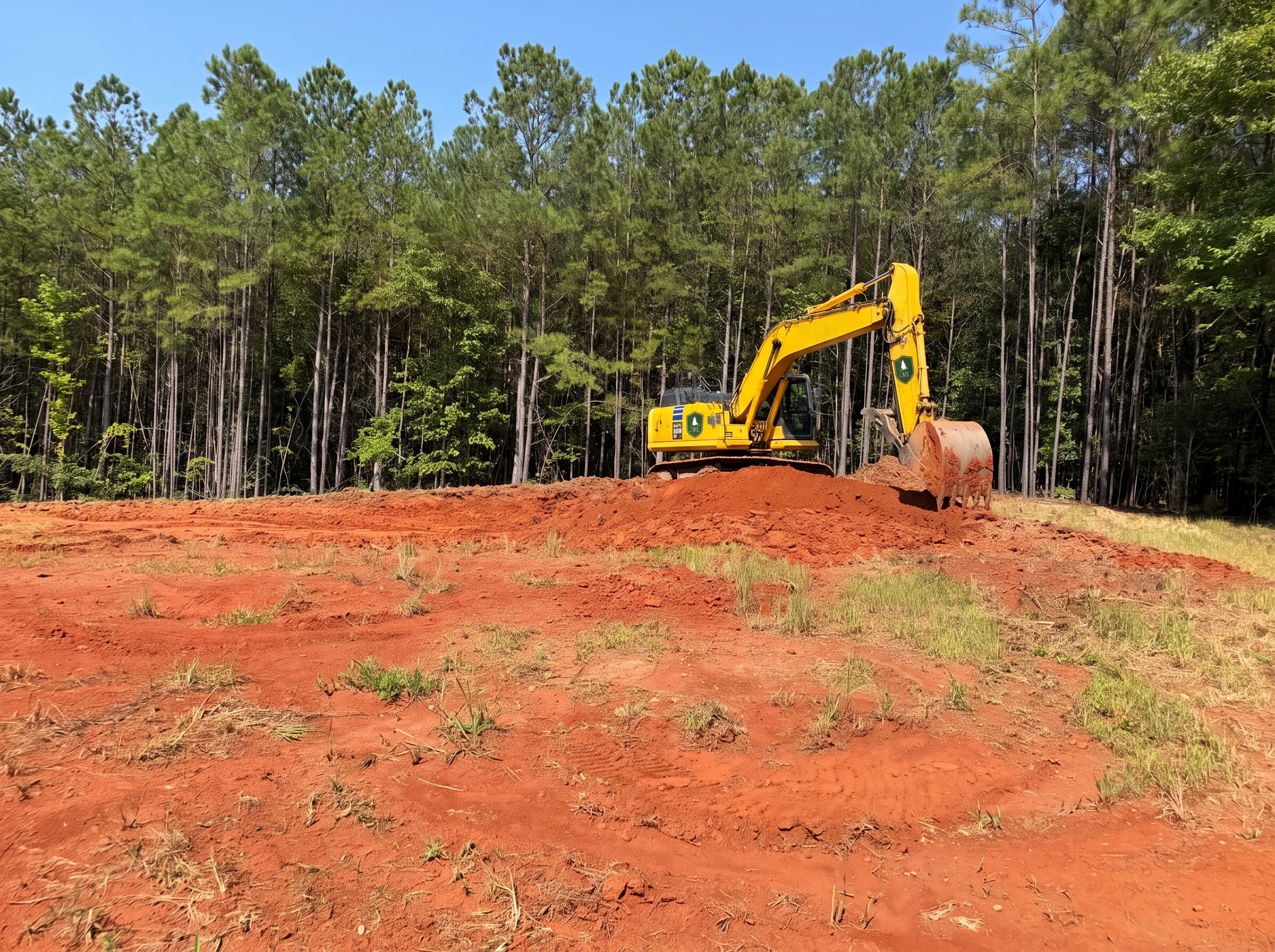 Land Development & Site Work in North Georgia in North Georgia — Excavator shaping a building pad in red Georgia clay on a cleared acreage tract bordered by pines