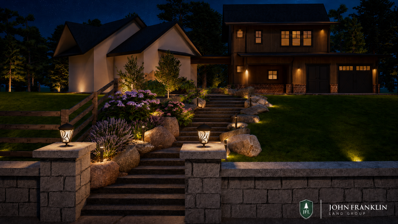 Rendering: 3D rendering of terraced retaining walls, stone entry stairs, hydrangea plantings and landscape lighting at night