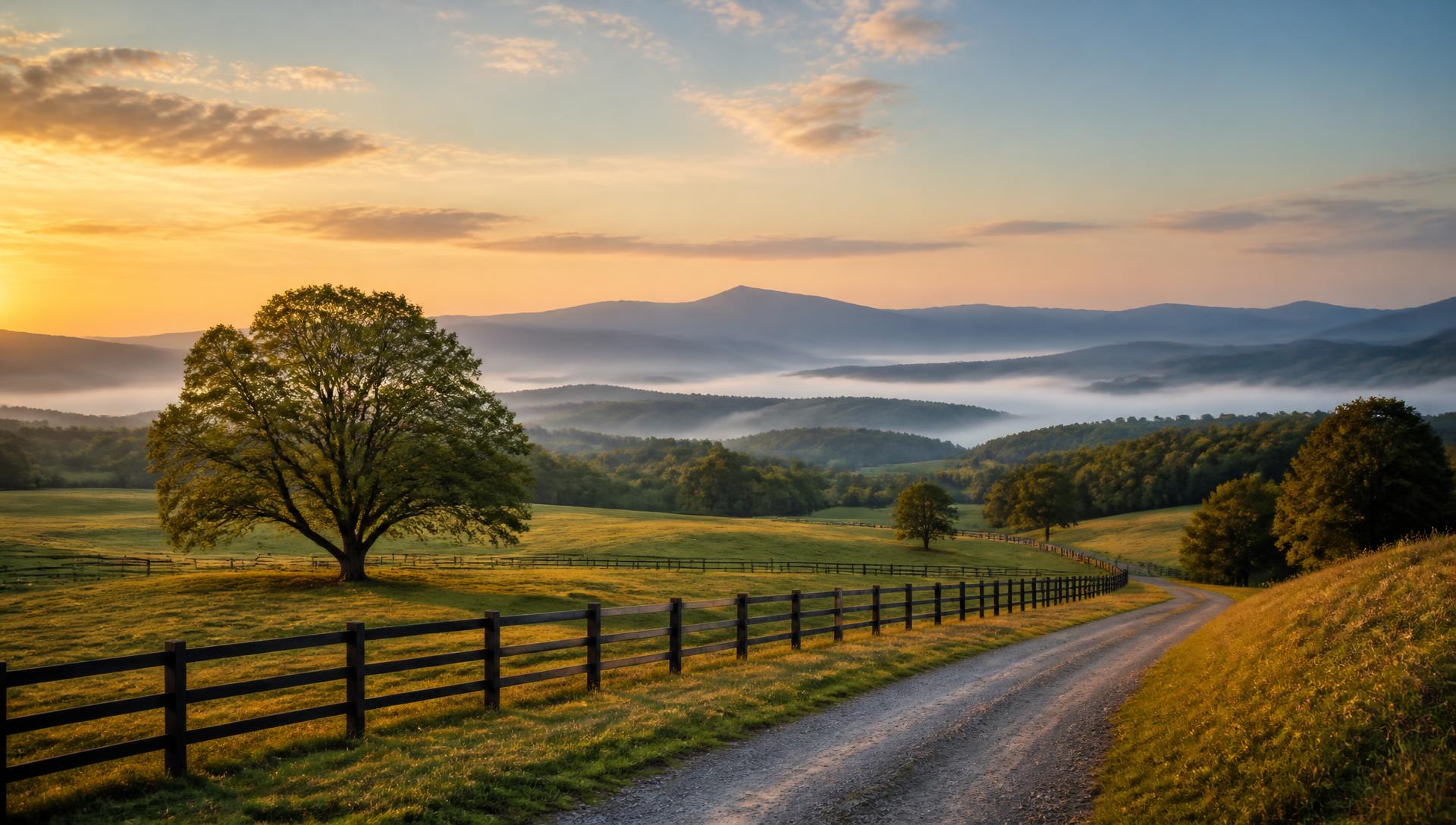 Open North Georgia pastureland with fencing and layered blue mountain ridges at sunrise