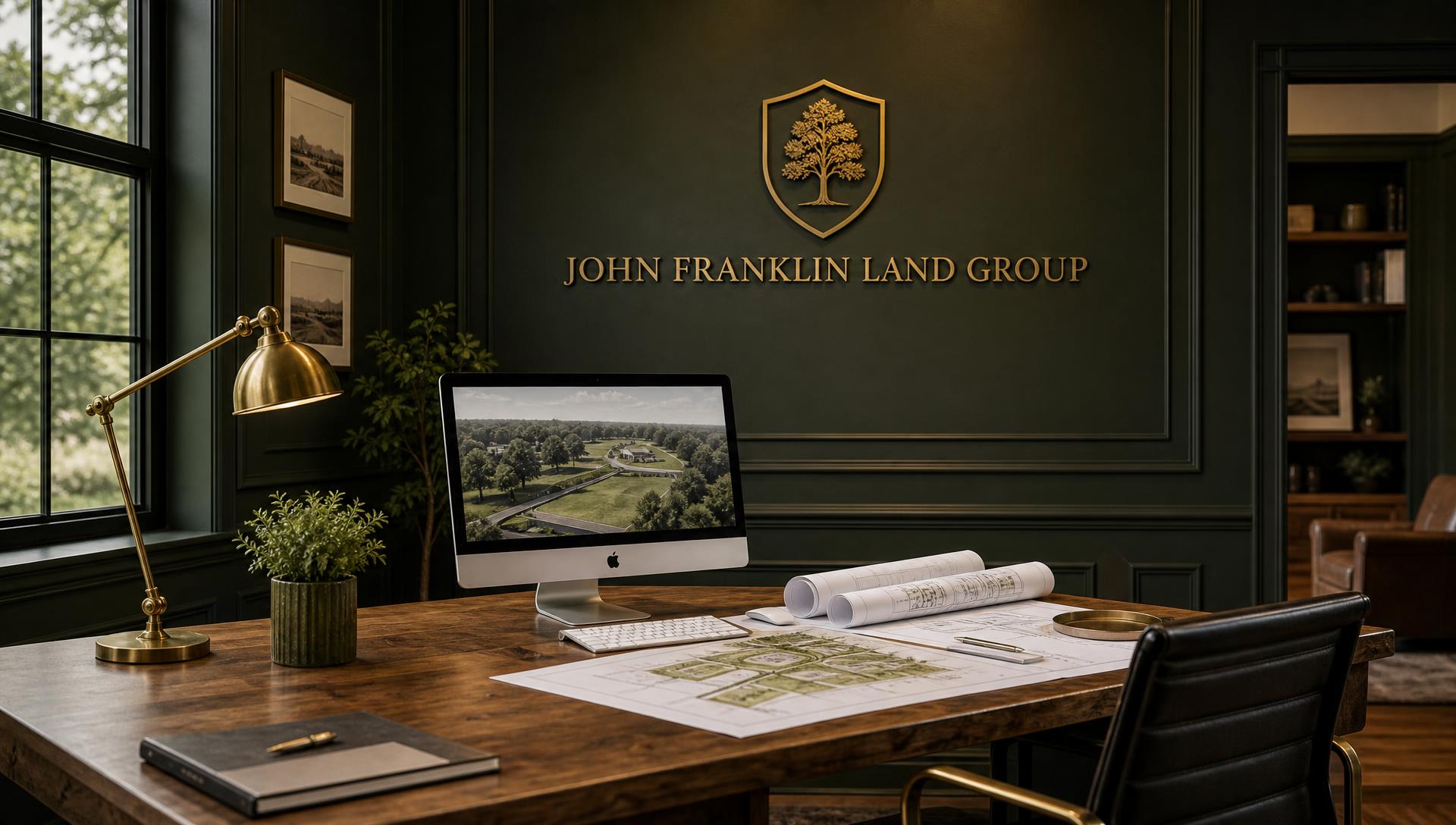 The John Franklin Land Group studio — dark green walls, a gold branded wall emblem, property site plans and an iMac showing a land rendering