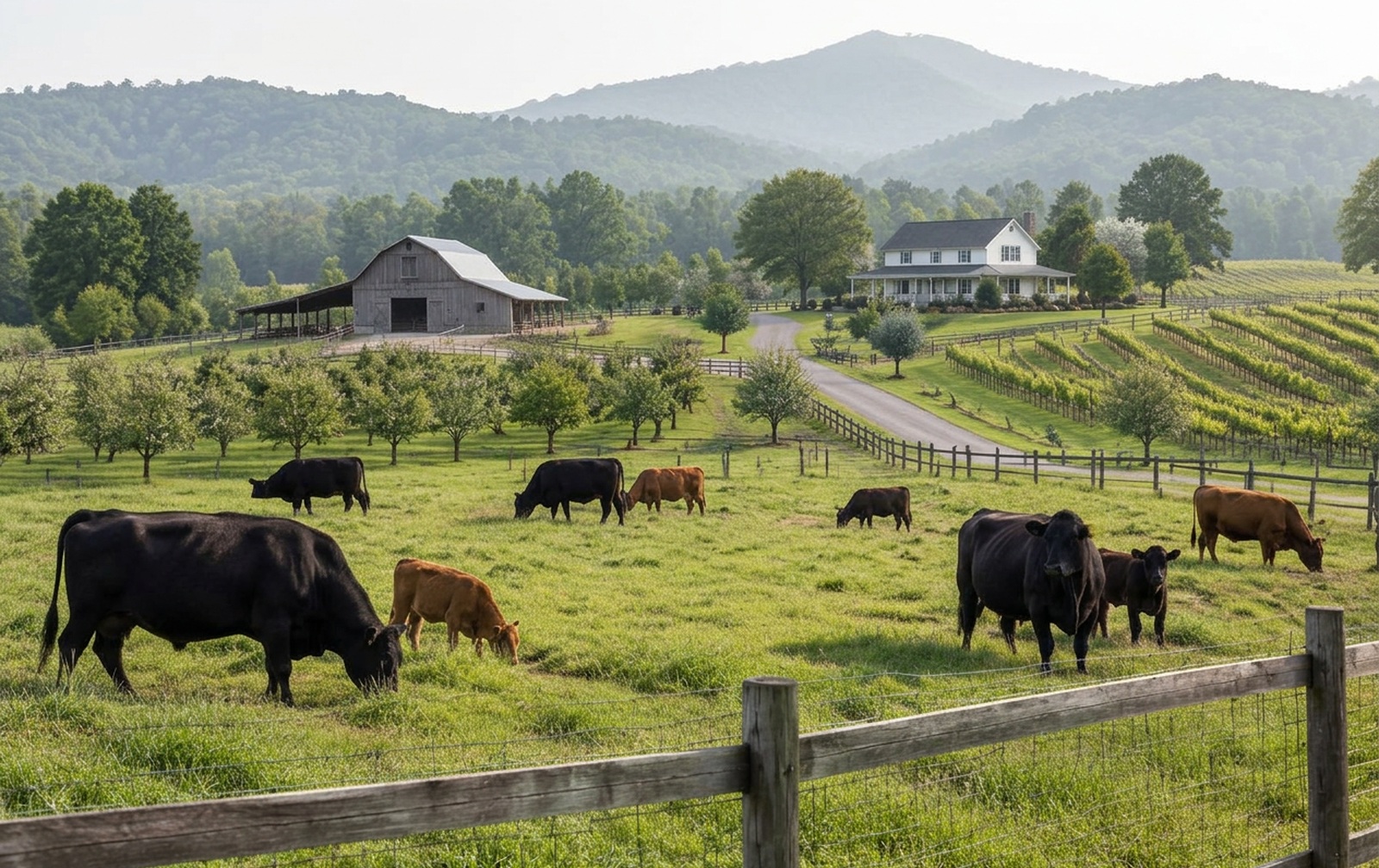 Illustration of cattle grazing a North Georgia family ranch beside an orchard and vineyard