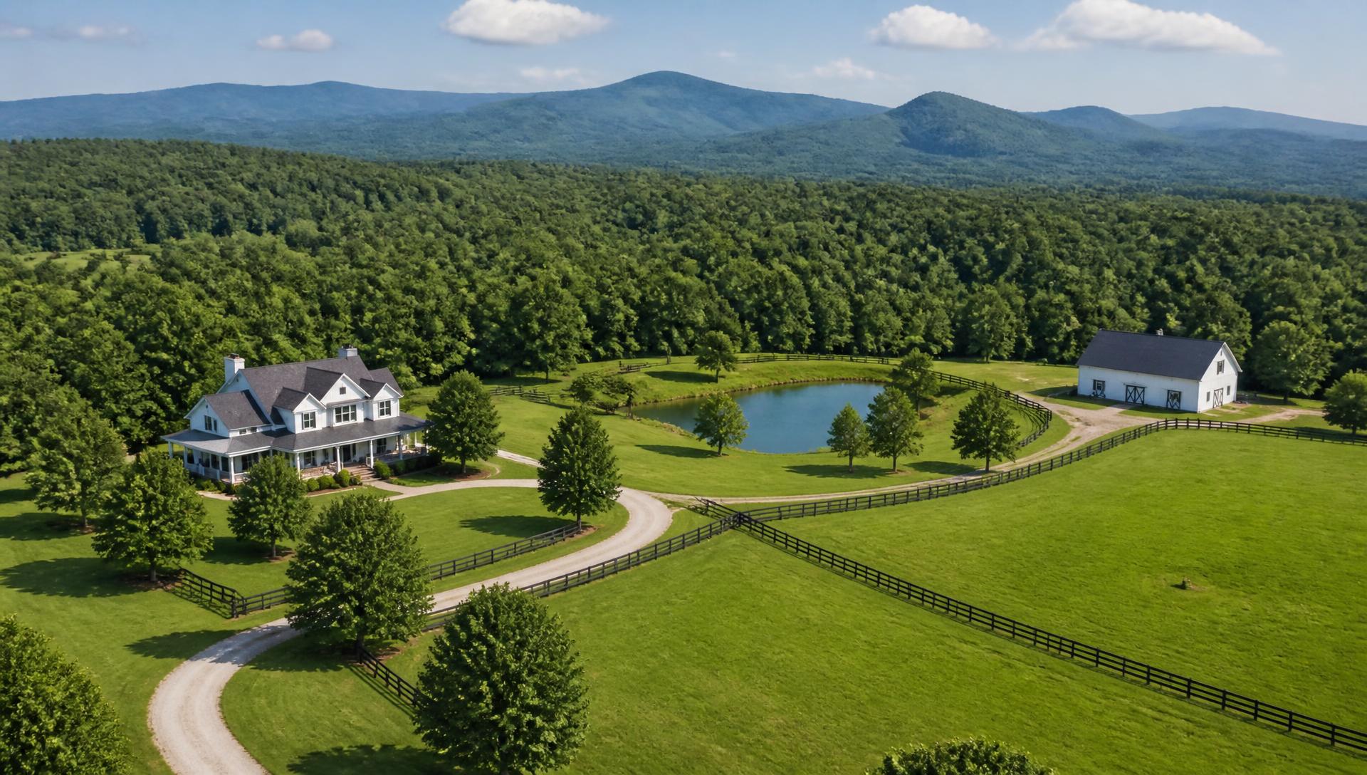 Aerial view of a North Georgia estate with pastures, barn and tree-lined drive