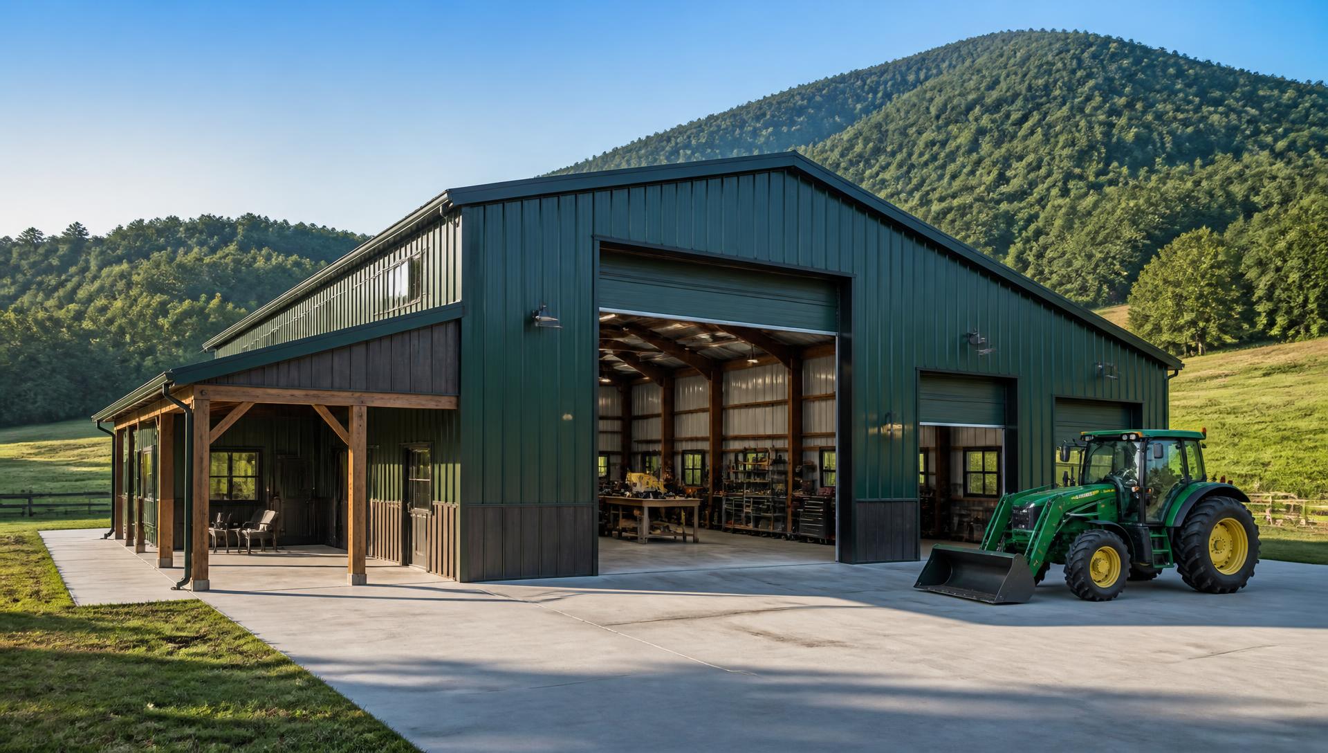 Dark green metal equipment barn and workshop on an acreage property