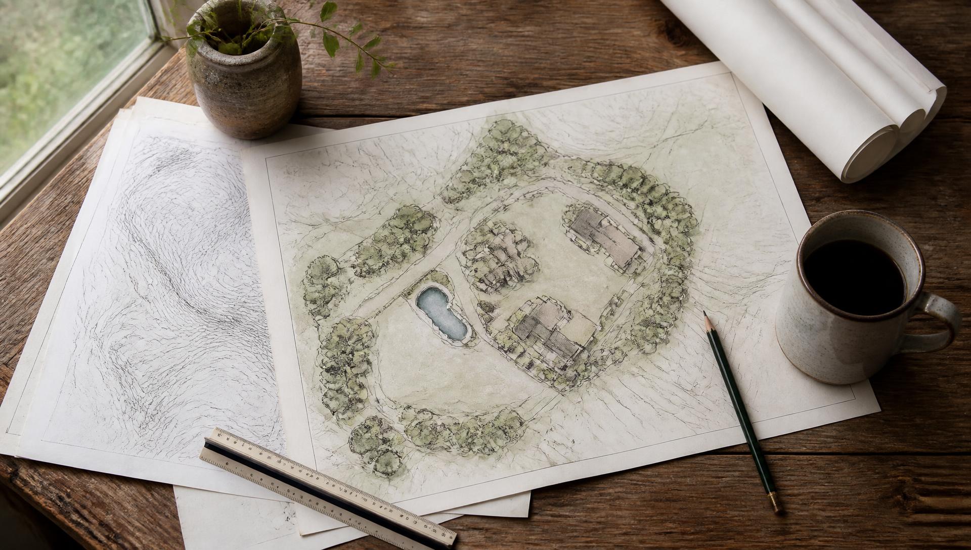 Property site plan and survey drawings laid out on a wooden table