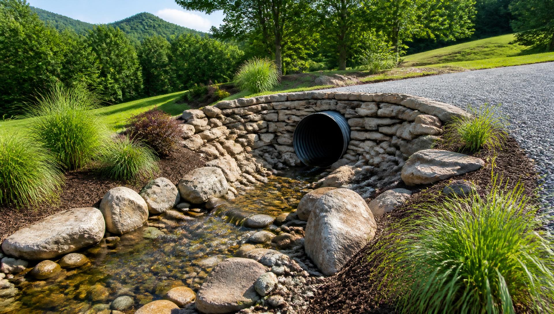 Stone dry creek bed and culvert managing stormwater across an estate property