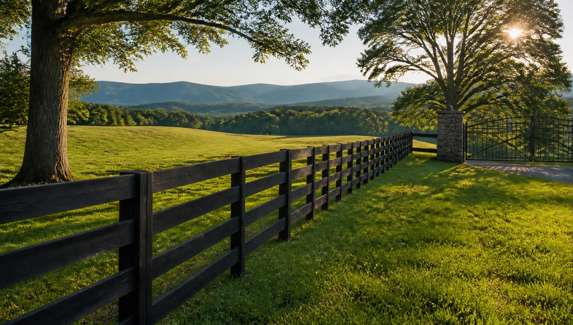 Board fence line running along a pasture toward a stone entry column