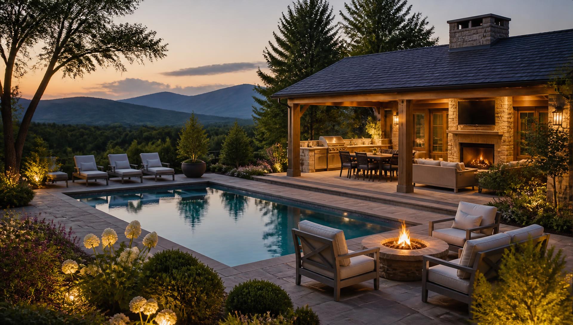 Pool, pavilion and outdoor kitchen overlooking a North Georgia ridgeline at dusk