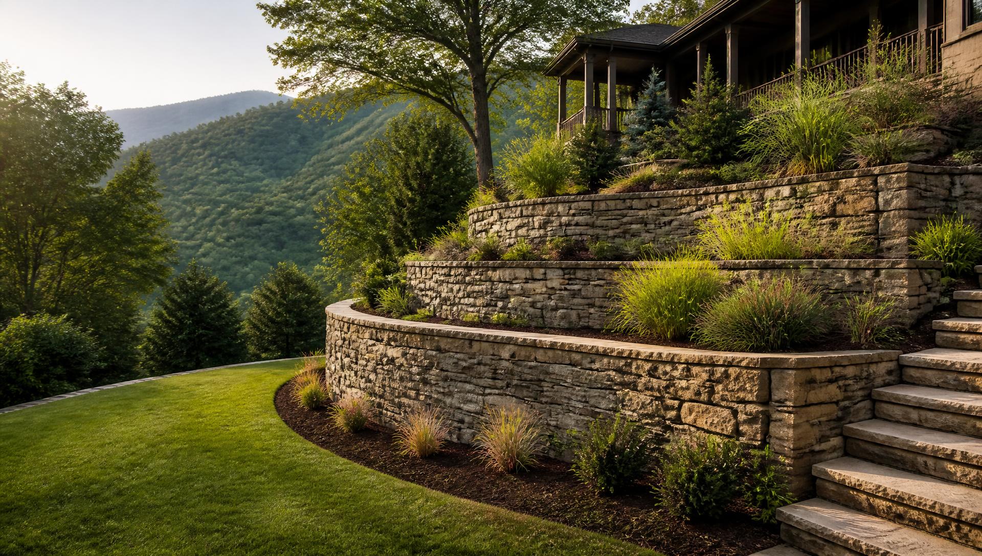 Terraced natural stone retaining walls holding a sloped estate lawn
