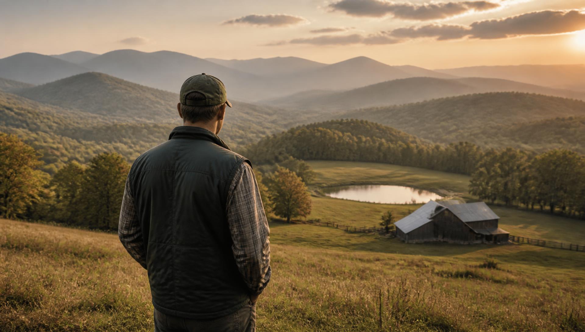 Land contractor looking out over rolling North Georgia pastureland at golden hour